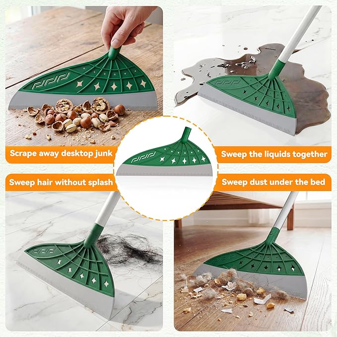Air Broom, Multifunctional Silicone Broom for Hair, Cat Litter, Crumbs, Liquids Removal on Smooth Floor, Magic Squeegee Broom Comfortable Cleaning for Tile, Bathroom, Includes 2 Broom Heads (Green)