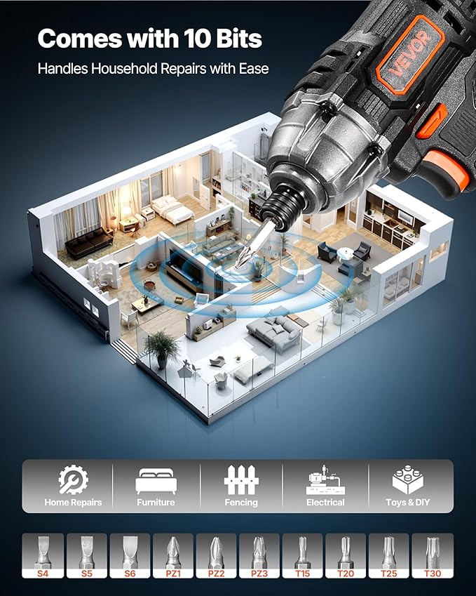 VEVOR Impact Driver, 1/4 Inch, 2800 RPM Max Speed, 20 V Powerful Motor, Electric Cordless Impact Driver Kit with Battery and Charger, 10 Bits, LED Work Light, for Furniture, Electrical, Home Repairs