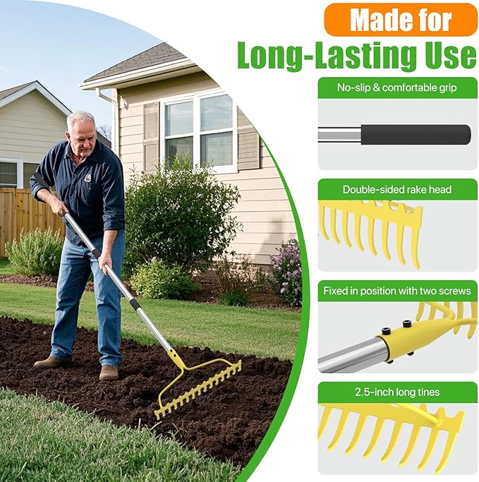 Garden Rakes for Lawns Heavy Duty, 6 FT Bow Rake for Leaves, 17-Tines Metal Rake with Stainless Steel Handle for Yard Leveling, Landscape, Loosening Soil, Yellow
