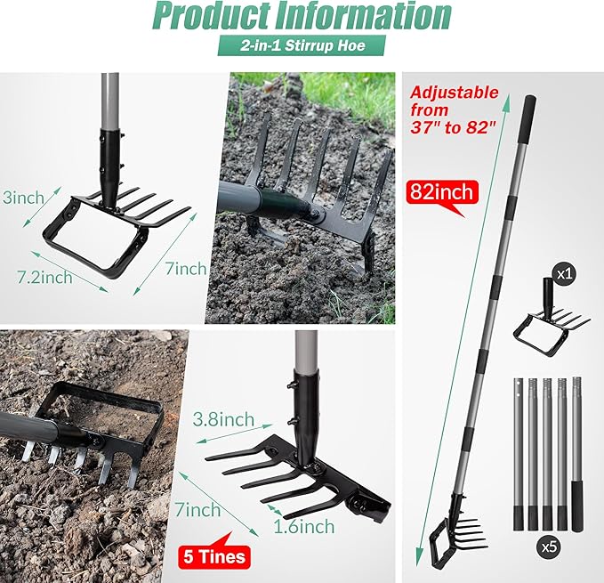 Suchtale 82 Inch Stirrup Hoe and 5-Tines Rake, Action Hoe for Weeding, 2 in 1 Scuffle Hoe with 37-82" Adjustable Handle, Cultivator for Loosening Soil, Loop Hoe for Garden Weeding and Planting