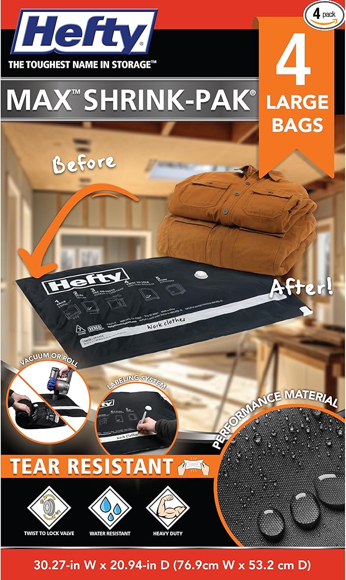 Hefty MAX Shrink-Pak Vacuum Seal Storage Bags for Clothing, Travel, Bedding | Tear & Water Resistant, Dual-Valve Space Saver Compression Bags - Large, 4-Pack