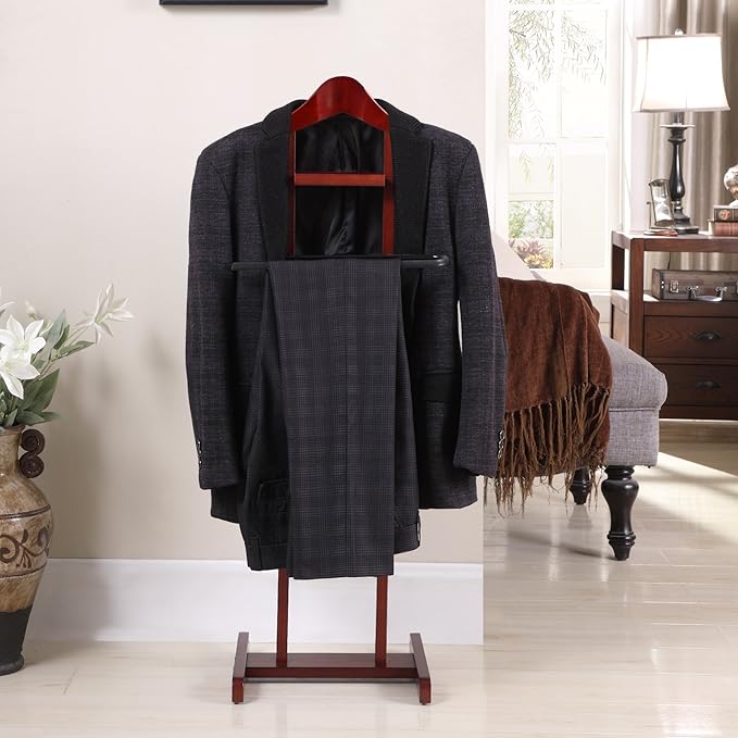 Proman Products Lancaster Suit Valet Stand VL16141 with Tray, Contour Hanger, Trouser Bar, 17" W x 12" D x 42" H, Mahogany