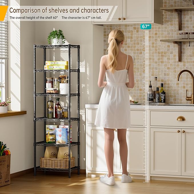 Golpart 6 Tier Shelf Adjustable Storage Mesh Gaps Metal Utility Shelves Wire Shelving Unit Organizer Rack for Home Kitchen Office Bathroom Pantry Room10 D x 16" W x 60" H Black