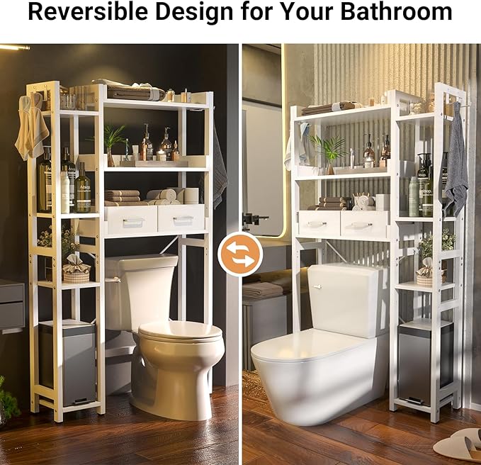 Besiost Over The Toilet Storage with 2 Drawers - 7 Tier Bathroom Organizer with Adjustable Shelf, Freestanding Space Saver Storage Rack Above Toilet Stand with 4 Hooks for Restroom, Laundry, White