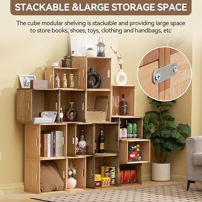 KIRIGEN Stackable Wood Storage Cube /Basket/ Bins Organizer for Home Books Clothes Toy Modular Open Cubby Storage System - Office Bookcase Closet Shelves F26-NA