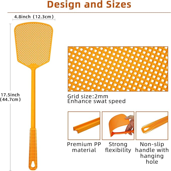 Kensizer 6-Pack Plastic Fly Swatters Heavy Duty, Multi Pack Matamoscas, Jumbo Long Handle Fly Swat Shatter Bulk, Large Bug Swatter That Work for Indoor and Outdoor