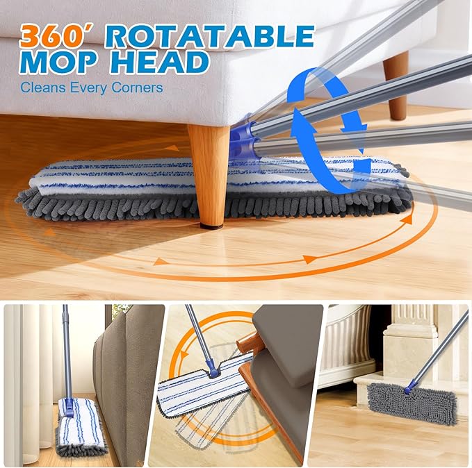 Mops for Floor Cleaning, Masthome Flat Dust Mop with 4 Reusable Pads, 2-Sided Microfiber Dust Mop for Wet & Dry Use, Flat Flip Mops for Hardwood, Laminate, Vinyl,Kitchen, Tile -1 Scraper