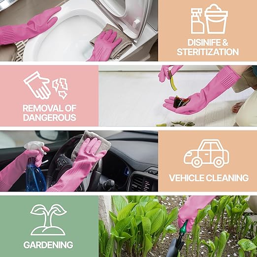 Mamison 2 Pairs Reusable Waterproof Household Dishwashing Cleaning Rubber Gloves, Non-Slip Kitchen Glove (Pink, Large (Pack of 3))