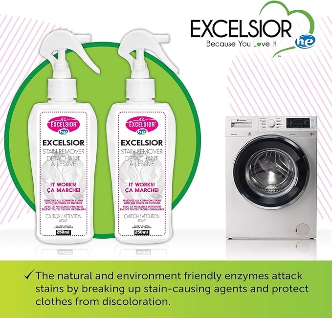 Excelsior HE Laundry Stain Remover Spray for cleaning clothes naturally with enzymes- 250 Millilitres color-safe and Eco-friendly