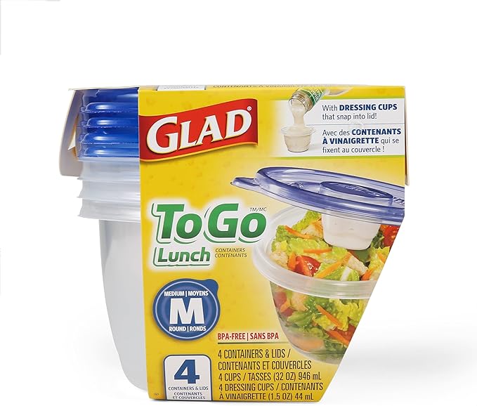 Glad GladWare To Go Lunch Food Storage Containers with Lids, Medium Round BPA Free Plastic with Built-In Dressing Cup for Salads and Lunches, Microwave Dishwasher Safe, 32 Oz, 4 Count