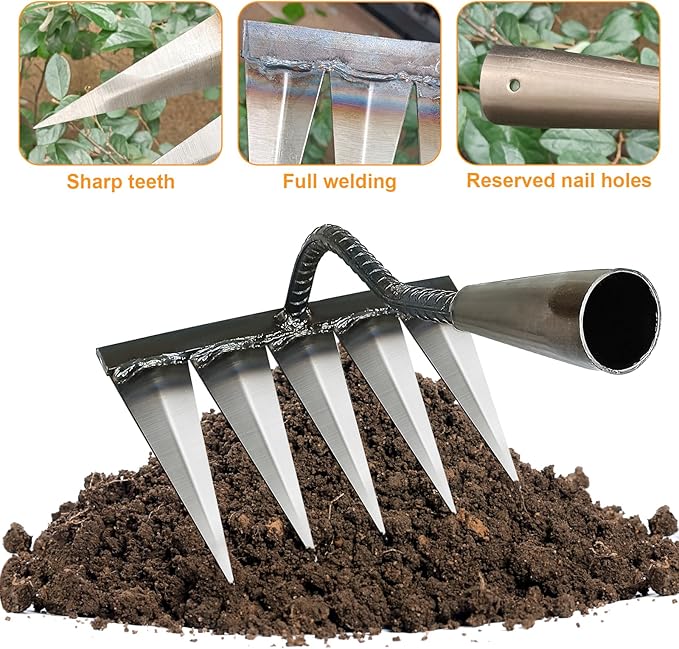 Ironrake The Heavy-Duty Iron Weeding Rake,1pc Iron Rake for Gardening and Weeding with 5 Metal Tines,Weeding Rake for Sturdy Dethatching,Ironrake for Backyard Lawn Loosening Planting Weeding