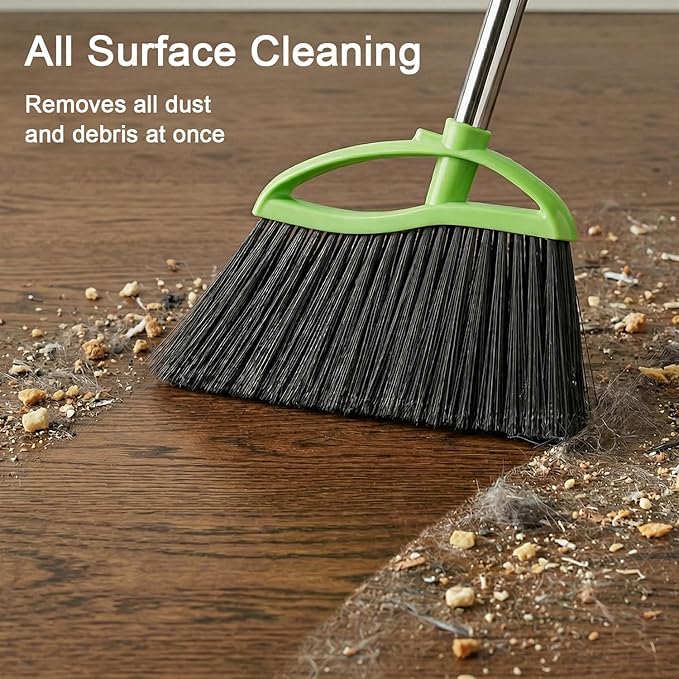 Soft Bristles Green Angle Broom with Long Handle Indoor Sweeping Broom for Home Kitchen Hardwood Floor Cleaning