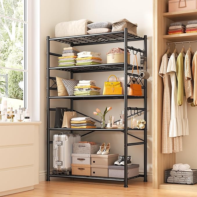 Storage Shelves 5-Tier Large Capacity Wire Shelving with Hooks, Heavy Duty Garage Shelving Unit with Leveling Feet, Stable Metal Shelf for Pantry, Kitchen and Closet, 72" H x 36" W x 12" D, Black
