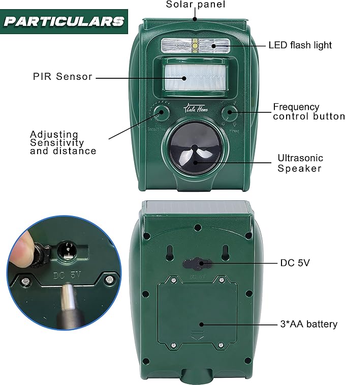 Lulu Home Ultrasonic Animal Repeller, Outdoor Weatherproof Solar Powered Rodent Repeller with Motion Activated Flashing LED Light, Repel Dogs, Cat, Squirrels, Raccoon, Rabbit, Fox & More