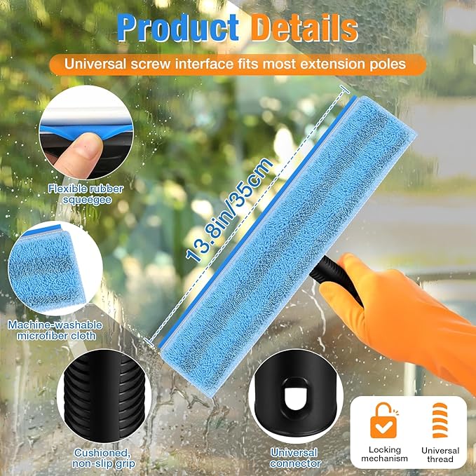 13.8" Window Squeegee for Glass Window Cleaning,All-Purpose Shower Squeegee with Microfiber Scrubber for Bathroom,Shower Glass Door,Mirror,Tile Wall, Car Windshield,Household Window Cleaner Tool,Bule
