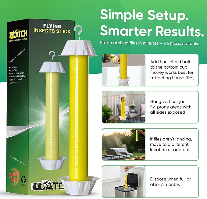 Sticky Fly Trap Indoor & Outdoor Pack of 8 | Hanging Fly Stick for Gnats, Flies, Wasps, Mosquitoes & Other Flying Bugs | Sticky Bug Traps | Home Pest Control | Flying Insect Trap Rolls | Ucatch