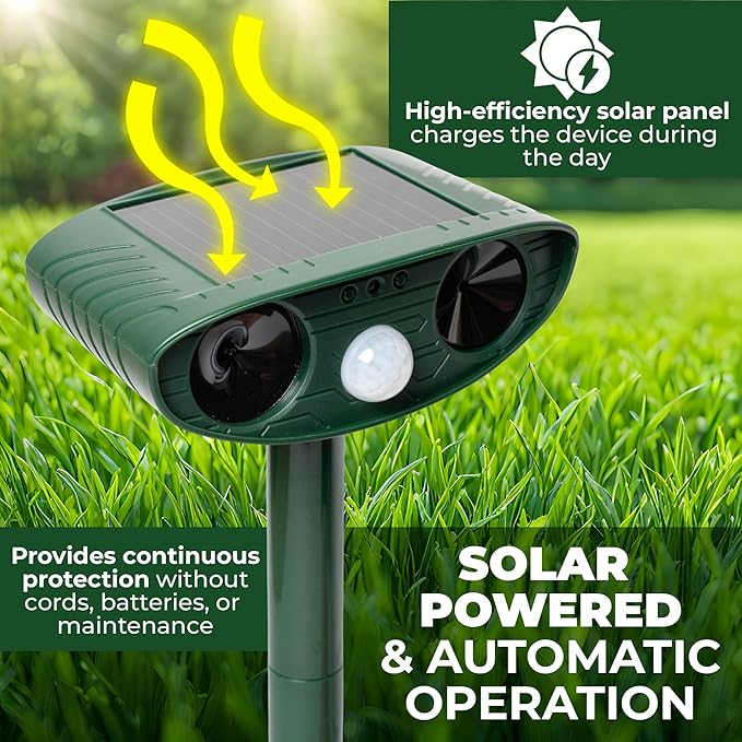 Solar Ultrasonic Animal Repeller Pack 2PCS | 120° Motion Sensor Up to 33ft Range | Waterproof Outdoor Deterrent for Garden & Yard | Deer, Cat, Dog & Raccoon Repellent | Solar Powered Pest