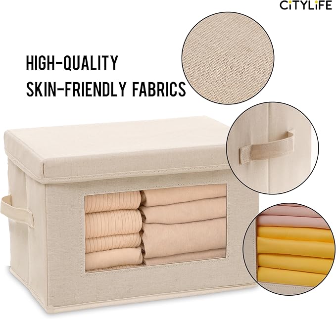 Citylife 3-Pack Storage Bins with Lids, Fabric Foldable Storage Bins with Soft Cord Handles, Canvas Storage Bin with Lid for Organizing Clothes, Blankets and Books, Beige