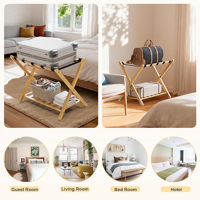 Fully Assembled 26.77" Luggage Stand, Bedroom, Hotel - Natural Bamboo Suitcase Stand, Foldable with 2 Layers - Luggage Racks for Suitcases, up to 165 lbs
