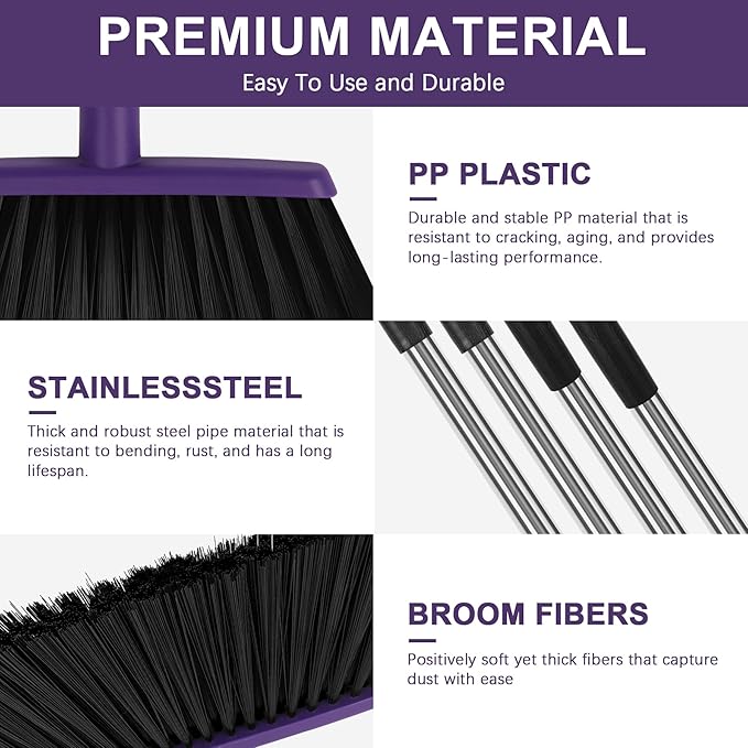 Heavy Duty Angle Broom, 55-Inch Long Handle Extra Wide 12.6 Inch Head, Stainless Steel Tube & PP Bristles for Pet Hair and Dust, Floor Safe - Purple