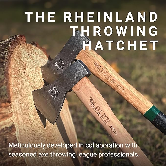 Adler Rheinland Throwing Hatchet - World Axe Throwing League Compliant (1.95lbs, 15.75" Hickory Handle) - German-Made Throwing Axe with Sheath (Green Stripe)