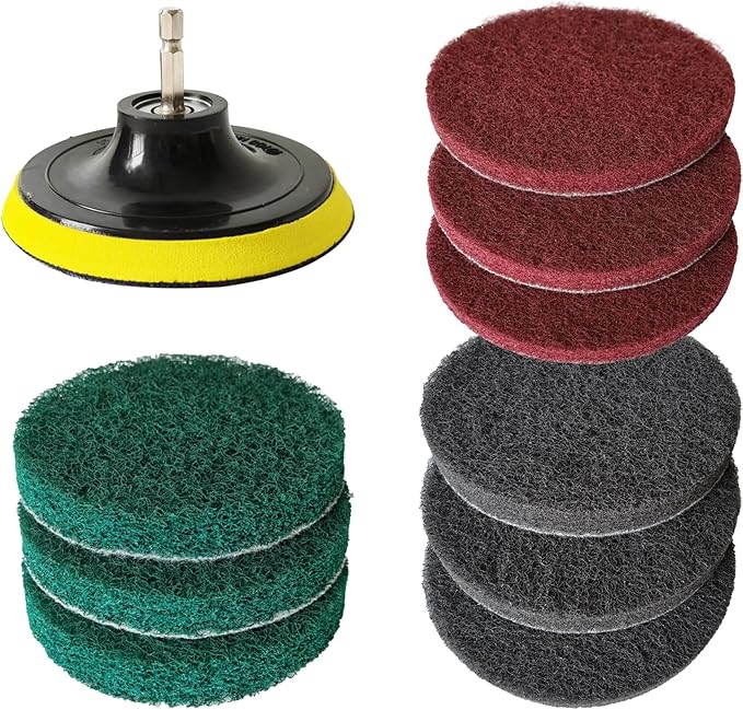 4 Inch Drill Brush Attachments for Cleaning Household Drill Brush Scrubber for Bathroom & Kitchen with Disc Pad Holder and Adapter，9 Scouring Pads（3 Different Stiffness） 11Pcs