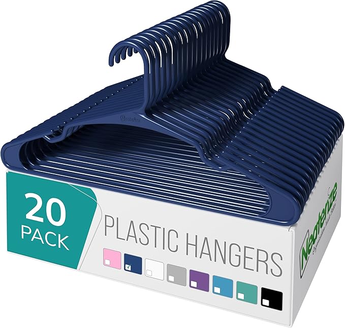 NEATERIZE Clothes Hangers Plastic 20 Pack for Adults - Plastic Hangers, The Perfect Coat Hanger and Space Saving Clothes Hangers for Closet, Percheros Ganchos para Colgar Ropa Hangars - Navy Hangers