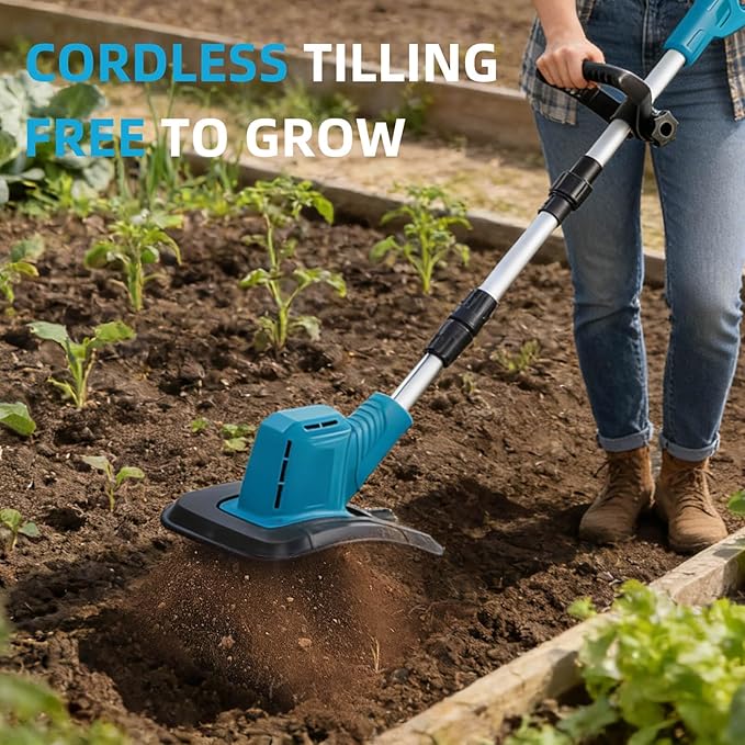 Cordless Tiller Cultivator, Battery Powered Electric Tiller with 360RPM, 48 Steel Tines, 9" Tilling Width, 6.6" Depth, Portable Rotary Tiller for Gardening(2x4.0 Ah Battery & Charge & LCD Display)