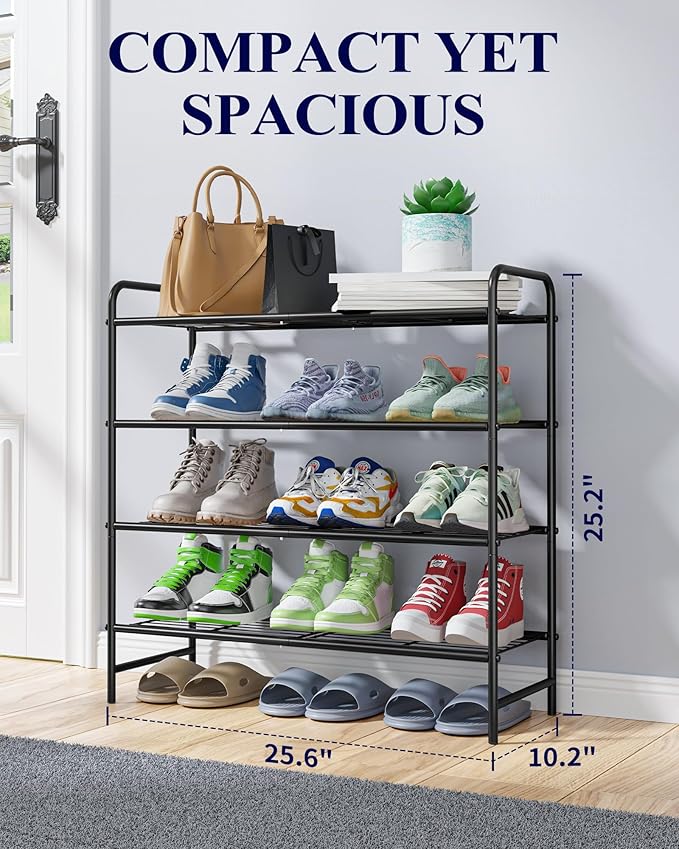 Kitsure Shoe Rack - Stainless Steel Shoe Organizer, Sturdy Shoe Rack for Closet and Front Door Entrance, Free Standing Shoe Shelf, Closet Organizers and Storage, 25.6" Wide - 4 Tier, Black