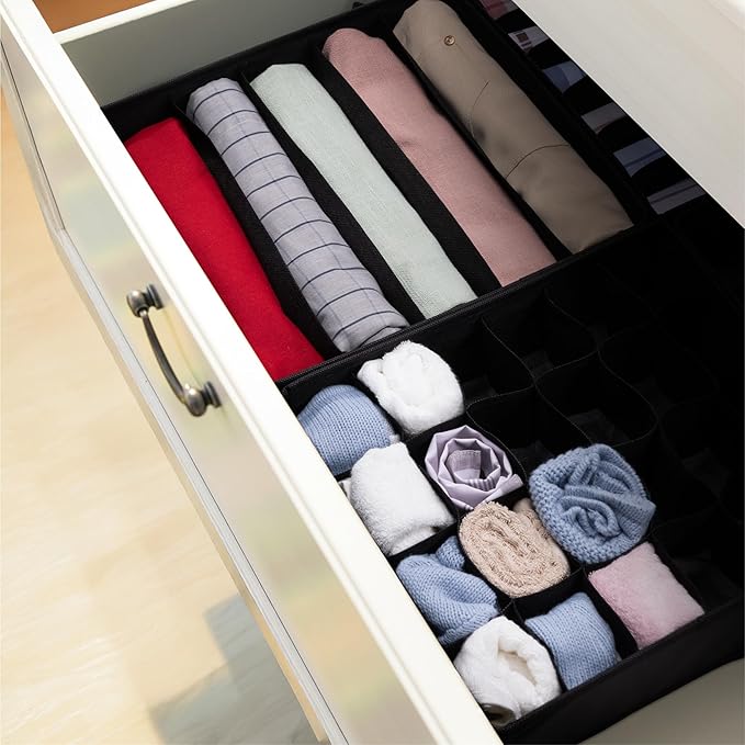 Navaris Storage Boxes - Efficient Small Dresser Drawer Insert Organizer for Clothes - Dividers for Underwear Socks Ties Scarves - Foldable Space-Saving Organizers - Set of 4 Black