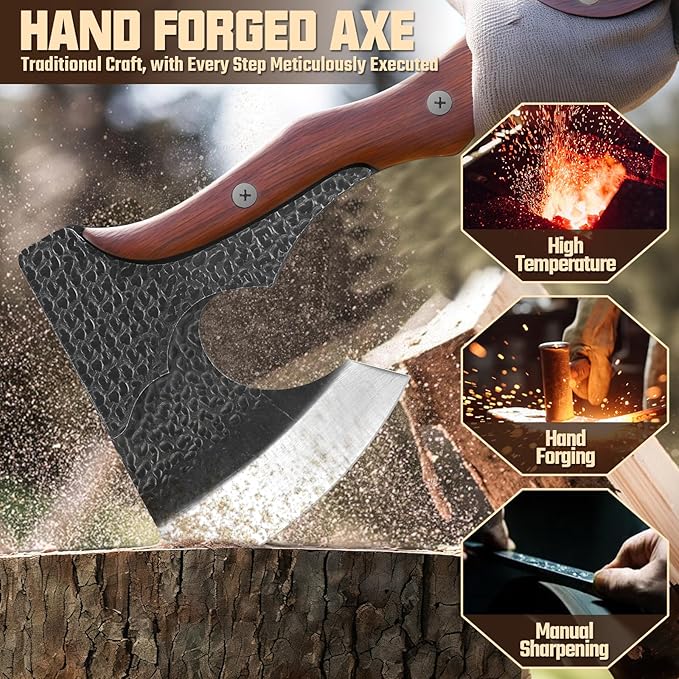 Purple Dragon Camping Hatchet Axe with Sheath - 14" Hand Forged Survival Hatchet for Wood Chopping, Splitting & Carving, Bushcraft Axe for Outdoor & Garden Work with Full Tang Wood Handle, Men's Gift