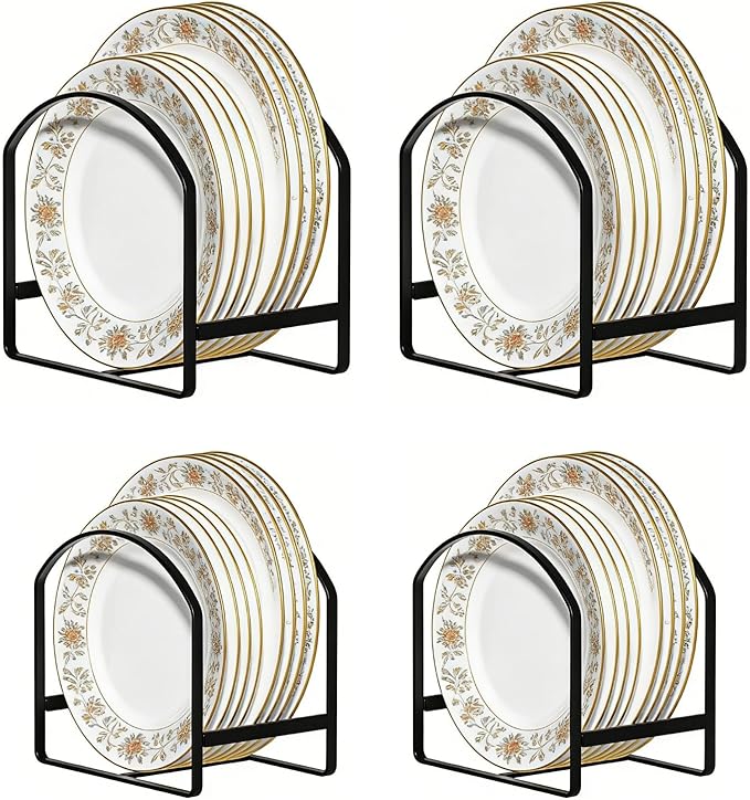 4 Pack Kitchen Plate Holder Organizer for Cabinet Space Saver Dinner Dish Plate Storage Rack Upright Dish Drying Racks Metal Dish Racks Stand for Cupboard and Countertop 2 Large 2 Small Black