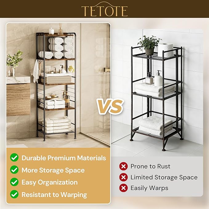 TETOTE Towel Rack for Bathroom 5-Tier Towel Holder with M-Shaped Detachable Dividers Hooks Bathroom Towel Storage Organizer, Rustic
