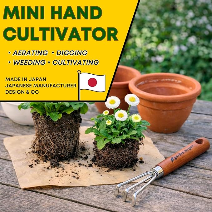 Mini Hand Cultivator Garden Tool 3 Claws - Heavy Duty Japanese Steel with Wood Handle - Small Rake Tiller for Aerating Soil, Digging, and Weeding - Made in Japan