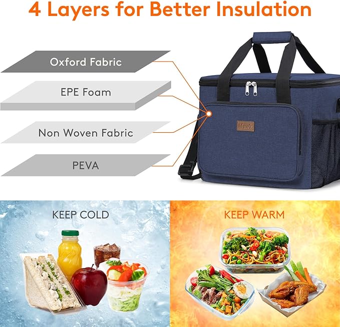 Lifewit Large Lunch Bag, Insulated Lunch Box, Soft Cooler Cooling Tote for Adult Men Women, Dark Blue 40-Can (24L)