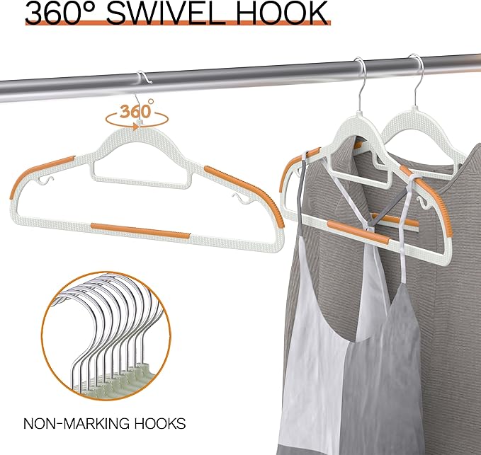 60 Pack Heavy Duty Plastic Hangers, Non Slip Clothes Hangers with Rubber Pads and 360° Hook - Thin Space Saving Hanger, Closet Organizer for Shirt, Pants, Suit, Skirt, Coat - Orange