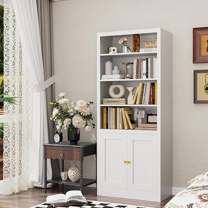 Bookcase with Doors and Adjustable Shelves, 55" Tall Metal 5-Tier Storage Cabinet, Freestanding Bookshelf for Living Room, Home Office, Bedroom, Kitchen Pantry Organizer Rack (White)