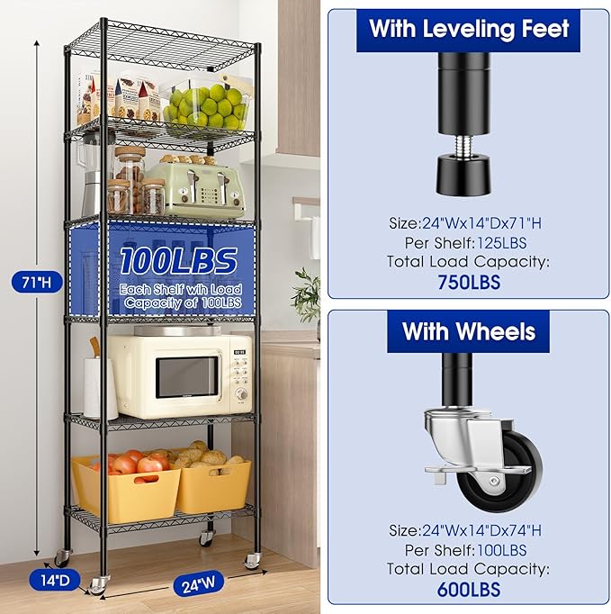 Adjustable 6-Tier Heavy Duty Wire Shelving Rack, 14" D x 24" W x 71" H Storage Shelves with Wheels, 750 lbs Capacity Rolling Metal Shelving for Garage, Pantry, Kitchen, Closet