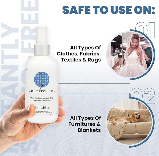Static Blok Anti-Static Spray for Clothes - Instantly Eliminate Static Cling, Flyaways, and Shocks from Clothes, Fabrics, Linens, Blankets & Rugs- All-Natural Formula - Lasts All Day- 8oz