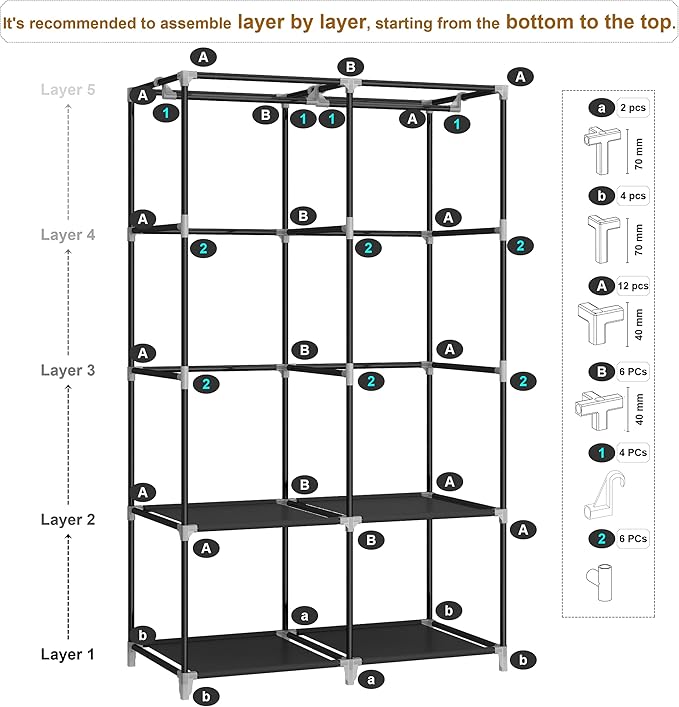 MOGELAFOO Portable Closet Wardrobe for Small Room, 35-Inch Clothing Organizer Storage Rack with 2 Clothes Hanging Rods and 4 Shelves, Non-Woven Fabric Cover, Black