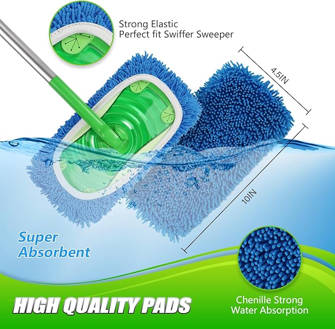 Set of 4 Reusable Microfiber Mop Pads Compatible with Swiffer Sweeper, Dry Sweeping Cloths, Washable Wet Mopping Cloth Refills for Floor Cleaning (Mop is Not Included) (4 Pack, Blue)
