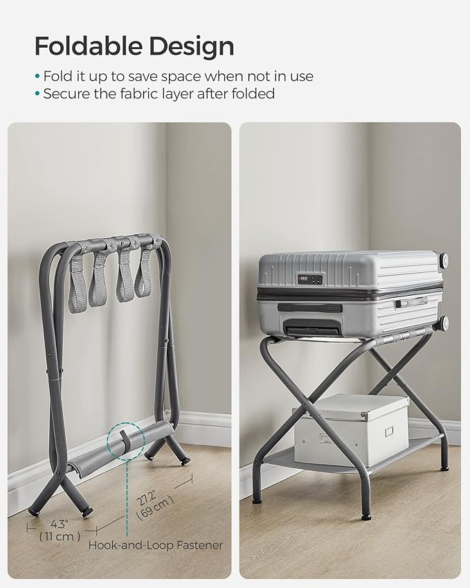 SONGMICS Luggage Racks, Set of 2, Suitcase Stand with Fabric Storage Shelf, for Guest Room, Bedroom, Hotel, Foldable, Holds up to 110 lb, 27.2 x 15 x 20.5 Inches, Slate Gray URLR002G02