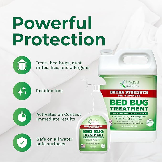 Hygea Natural Extra Strength Bed Bug & Lice Elimination Duo - Extra Strength 24 oz Lice, Bed Bug & Mite Spray & 128 oz Spray Refill - Child & Pet Friendly - Stain & Odor Free - 66% Stronger Formula