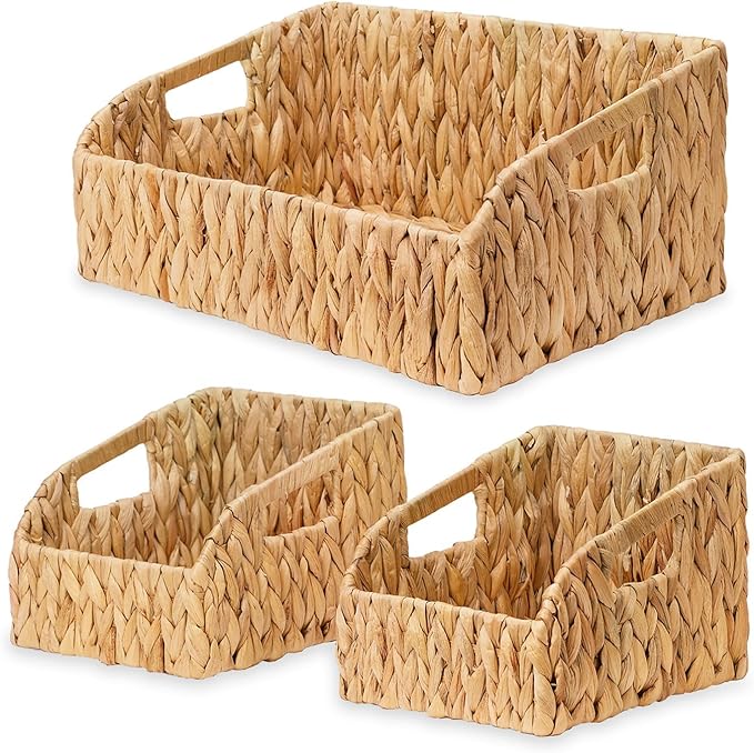 Pantry Organizers and Storage Baskets for Organizing with Handles, Large Wicker Storage Baskets for Shelves, Laundry-Water Hyacinth Storage Bins, Boho Decorative, 3Pack,Natural