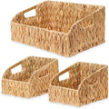 Pantry Organizers and Storage Baskets for Organizing with Handles, Large Wicker Storage Baskets for Shelves, Laundry-Water Hyacinth Storage Bins, Boho Decorative, 3Pack,Natural