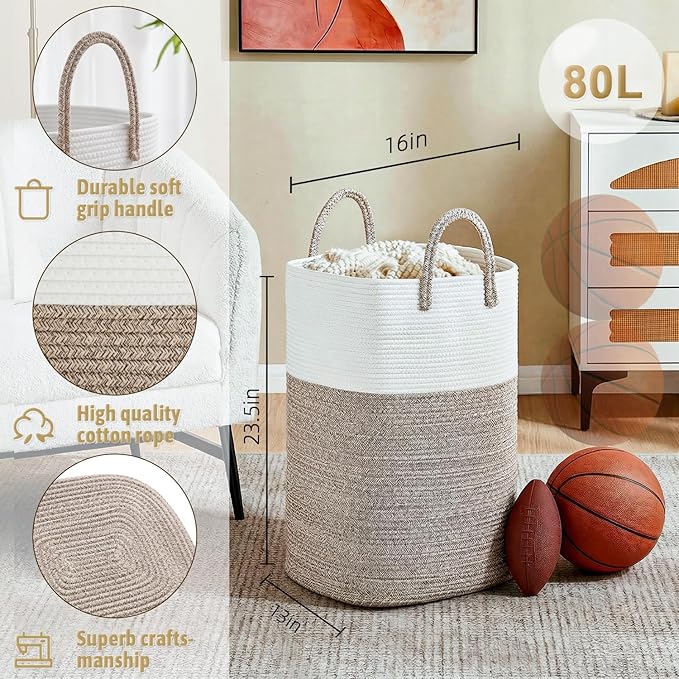 Laundry Basket,Woven Cotton Rope Laundry Hamper,Versatile Storage for Dirty Clothes,Baby Toys,and Blankets in Bathroom, Nursery,and Living Room (Brown, 80L)