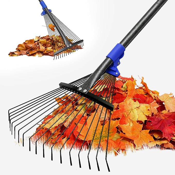 Adjustable Garden Rake for Leaves-Heavy Duty Metal Rake with 8-17" Expandable Head,Long Handle Lawn & Yard for Grass, Shrubs,Flower Beds,Camping,Outdoor Cleaning, Women & Kids