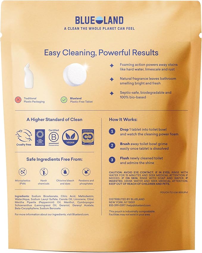 BLUELAND Toilet Bowl Cleaner Tablets, 2-Pack, 28 Count, Lemon Cedar, Plastic-Free, No Harsh Chemicals, Plant-Based