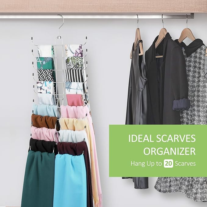 2 Pack Scarf Hanger for Closet, 40 Large Capacity Scarf Organizer, Space Saving Scarf Holder Hijab Rack Closet Organizers and Storage, Silver