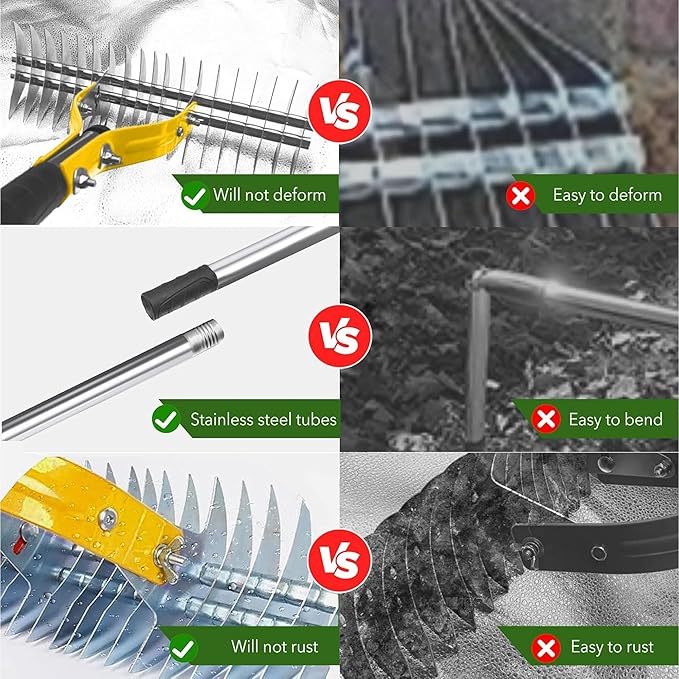 Thatch Rake,15" Lawn Dethatcher Rakes,Dead Grass Remover,Manual Dethatching Rake with Adjustable Length Handle,Scarifier Rake,Thatching Rakes for Lawns Grass Loosening Soil